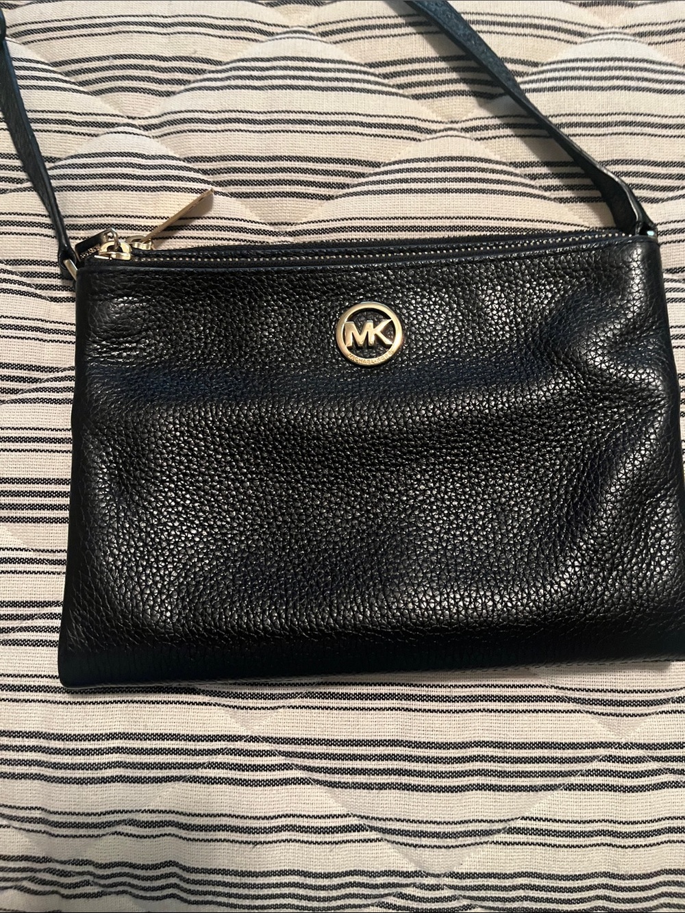 Michael Kors Black Pebbled Leather Crossbody with Gold MK Logo